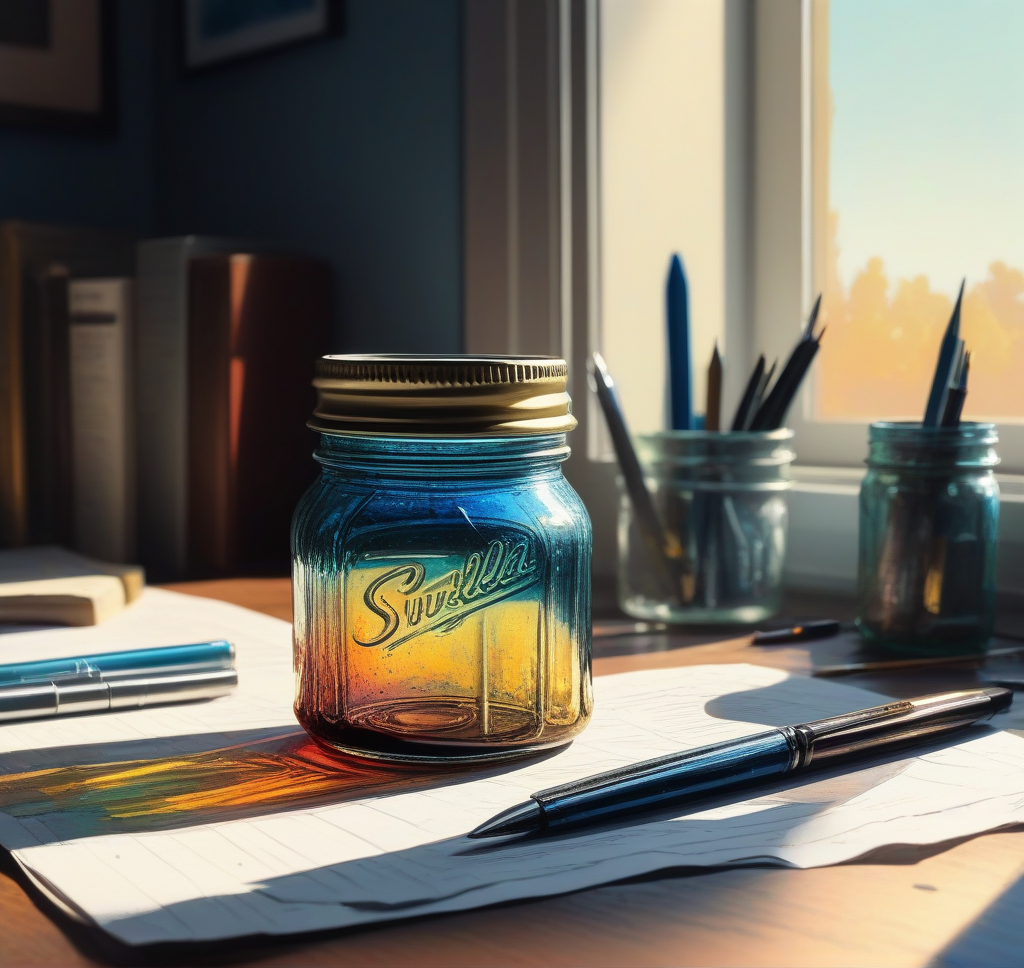 02165-168173290-5546-sketch of technical pen and glass canning jar of swirling ink shimmering on a desk, dramatic afternoon lighting, spattered, mute.png